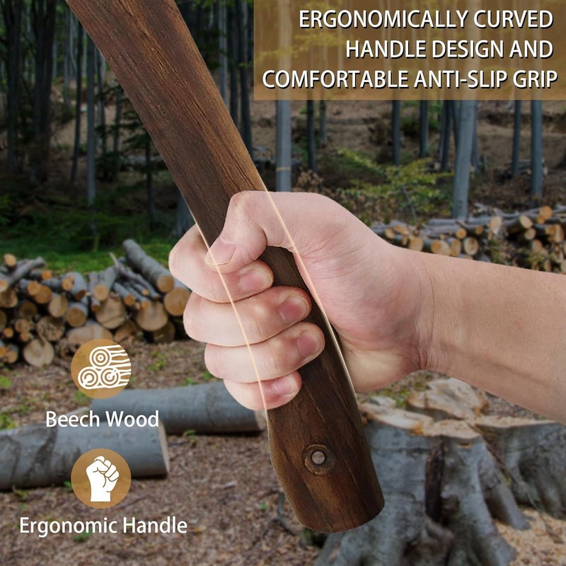 DWFKHT 14.6" Hatchet, Camping Hatchet with Leather Sheath, Bushcraft Axe with 1065 Carbon Steel & Beech Handle, Survival Axe for Wood Splitting and Chopping - Perfect for Gardening and Outdoor - Image 5